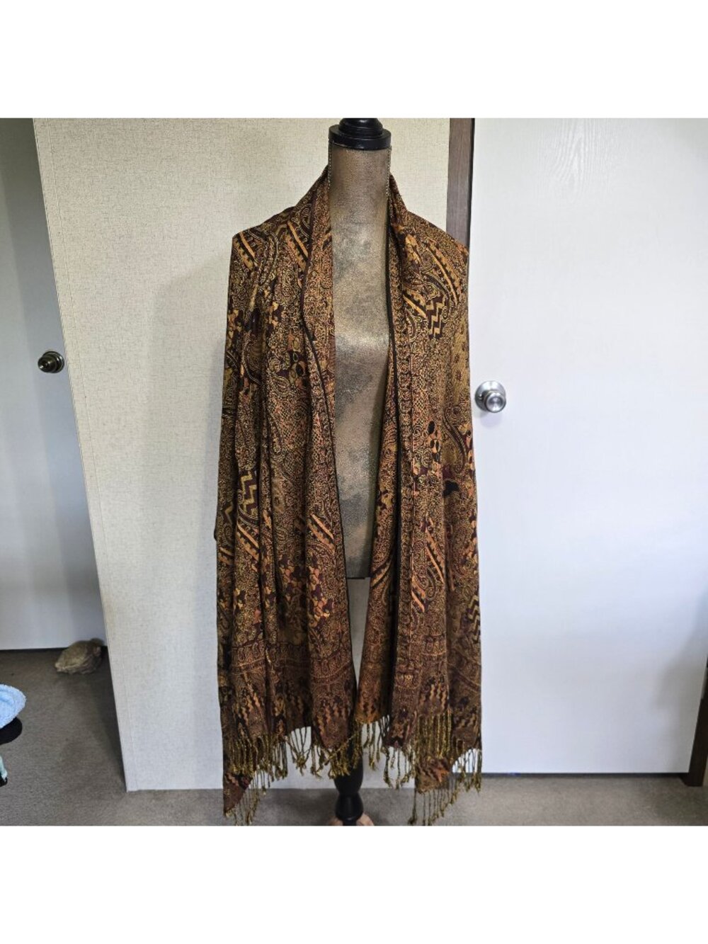 Original Kashmiri Shawl Wrap 100% Pure Wool Gold Brown Paisley Fringe Made In In